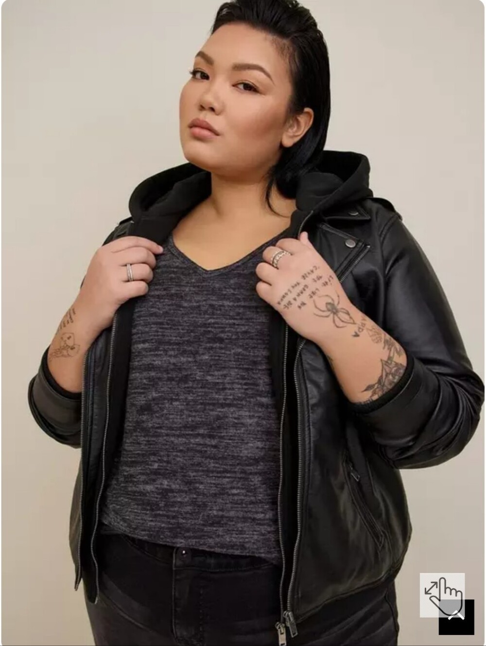 Black Mixed Media Hooded Moto Jacket